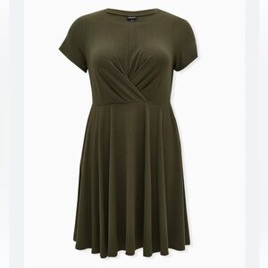 Torrid 3 Mini Rib Knit Drape Front Skater Dress  Deep depths olive green 22-24